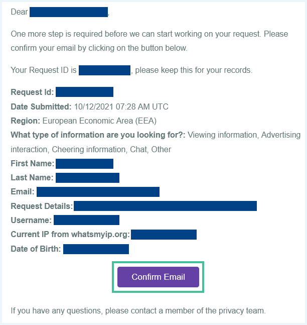 Mail van Twitch als je je gegevens opvraagt