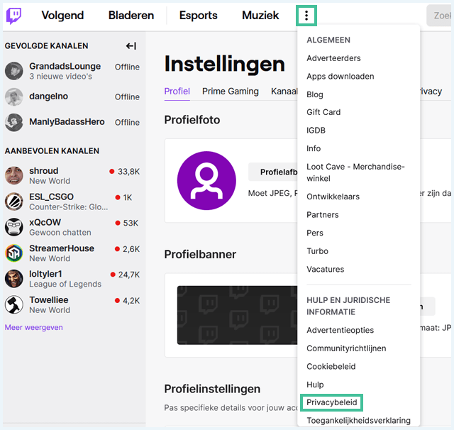 Dashboard op de website Twitch
