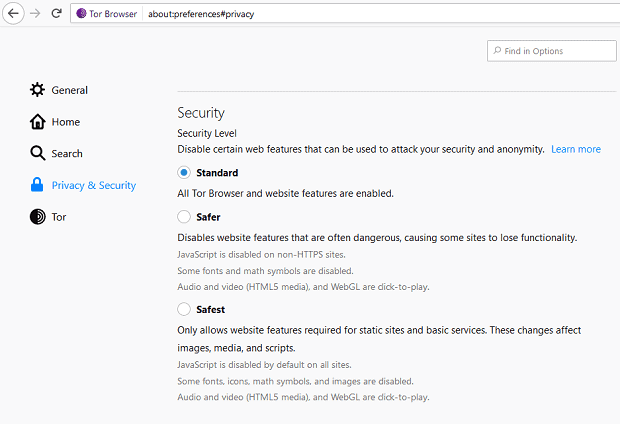 Veiligheidsniveaus tor browser