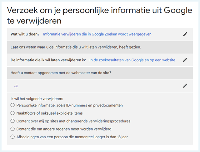 Verzoek persoonlijke informatie uit Google verwijderen