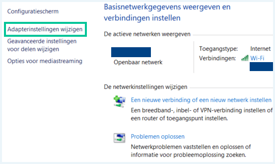 Screenshot van het scherm "basisnetwerkgegevens weergeven en verbindingen instellen" in Windows