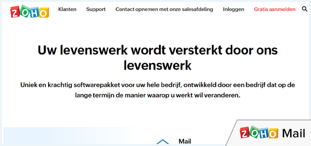 Zoho Mail homepage met logo